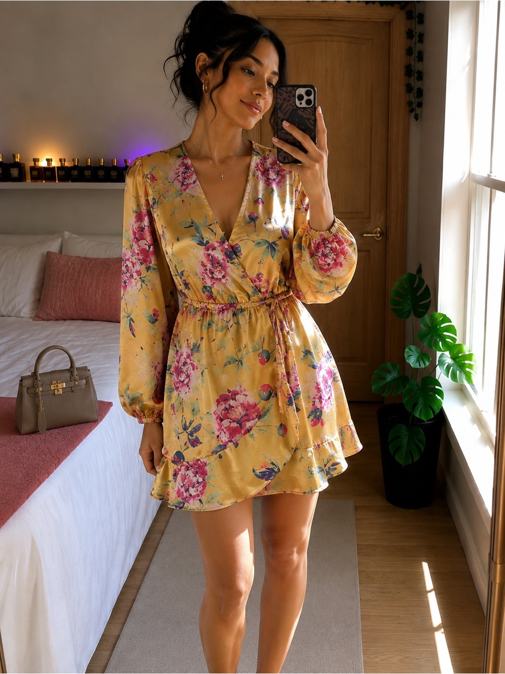 Bebe Yellow Floral Wrap Mini Dress Small Y2K Romantic Long Sleeve